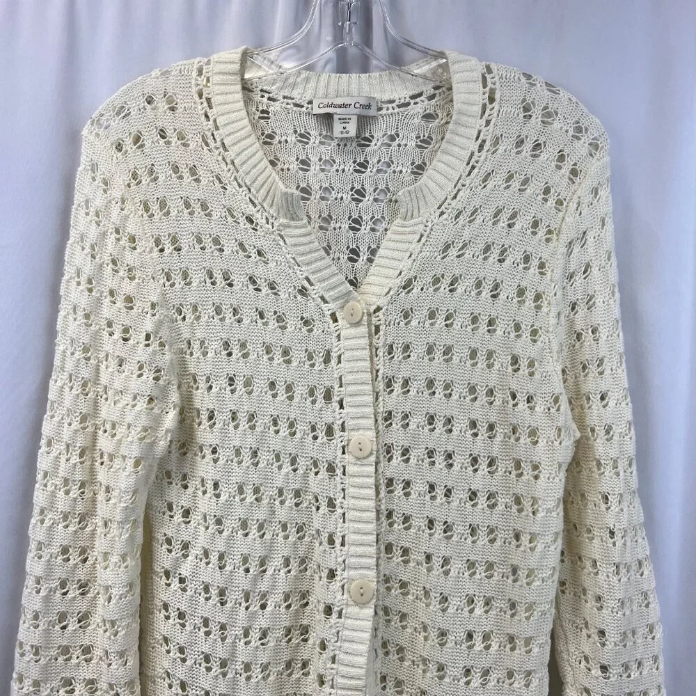 Coldwater Creek Button Down Open Knit Cardigan Cream Women’s Size Medium Long Sl